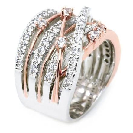 Crystal Crossover Ring - Zinc Alloy & Crystal, Available in All Silver or Rose Gold/Silver Mix, Sizes 5-12
