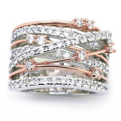 Crystal Crossover Ring - Zinc Alloy & Crystal, Available in All Silver or Rose Gold/Silver Mix, Sizes 5-12