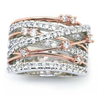 Crystal Crossover Ring - Zinc Alloy & Crystal, Available in All Silver or Rose Gold/Silver Mix, Sizes 5-12
