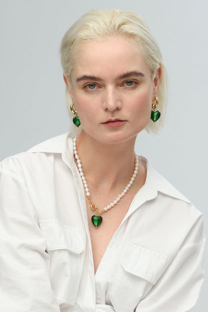 Esmée Green Glaze Heart Pendant Pearl Necklace