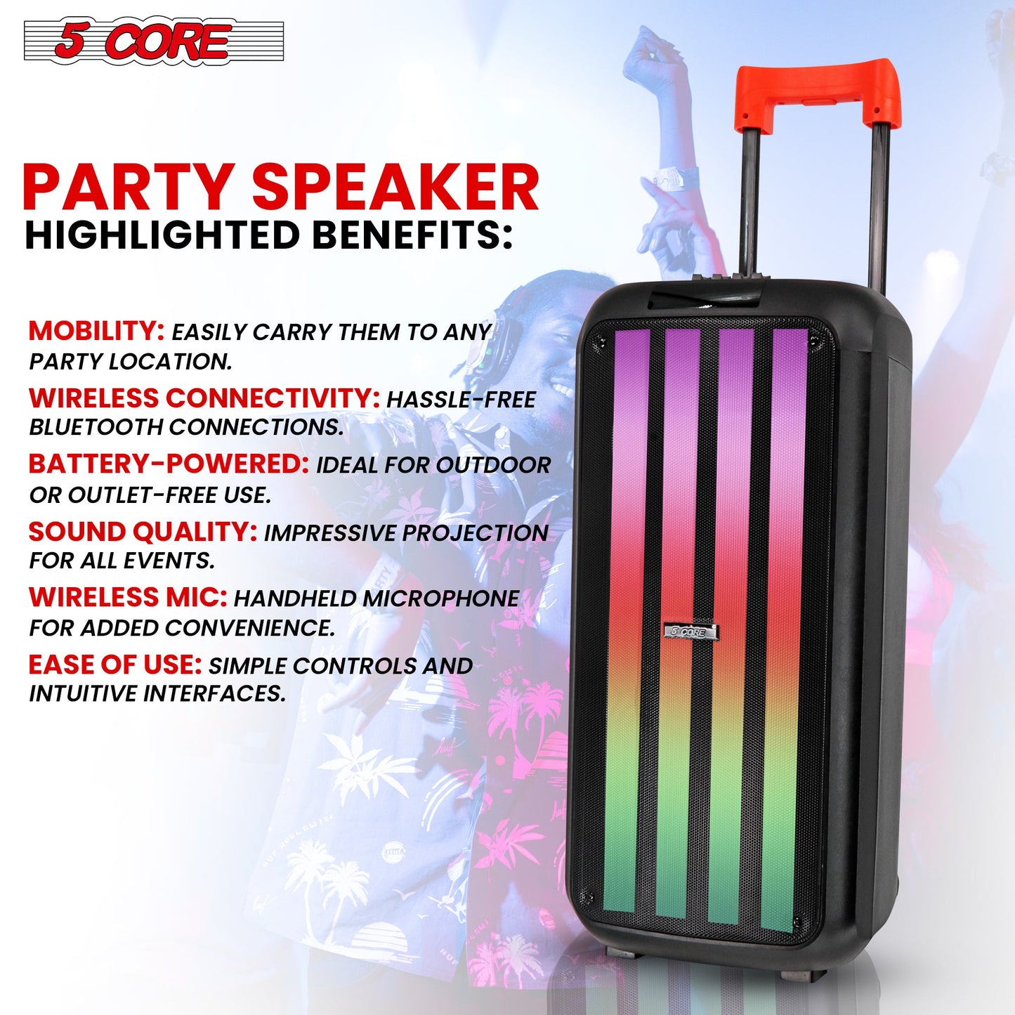 5Core Bluetooth Party Speaker 8 inch PA RGB Partybox Karaoke Machine +