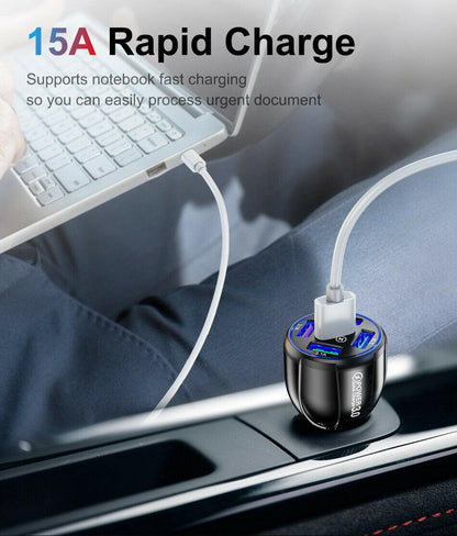 Black 4-Port LED Fast Car Charger with 6FT Cable - Quick Charge 3.0, Universal Compatibility, 4X Faster than Standard Chargers