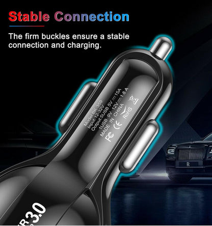 Black 4-Port LED Fast Car Charger with 6FT Cable - Quick Charge 3.0, Universal Compatibility, 4X Faster than Standard Chargers