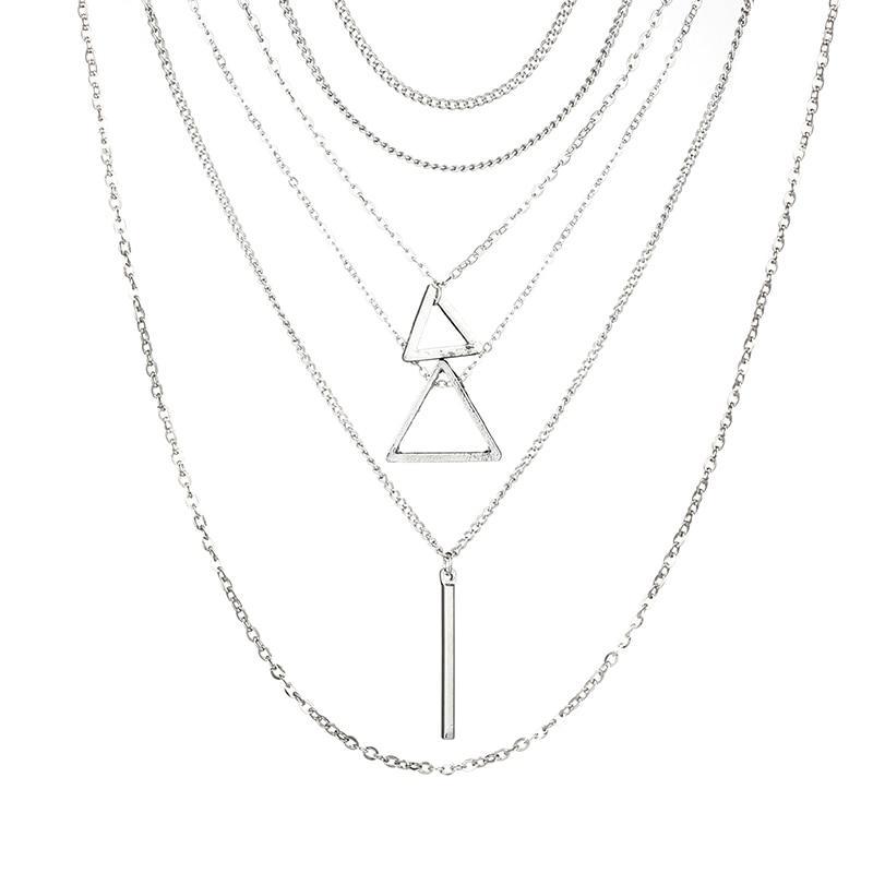 Double Triangle Multilayer Necklace - 6 Layers, Zinc Alloy, Adjustable Chain, Unique Geometric Design