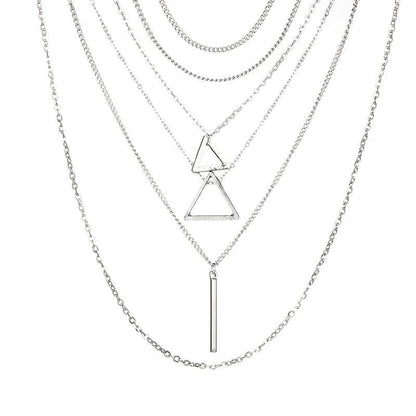 Double Triangle Multilayer Necklace - 6 Layers, Zinc Alloy, Adjustable Chain, Unique Geometric Design